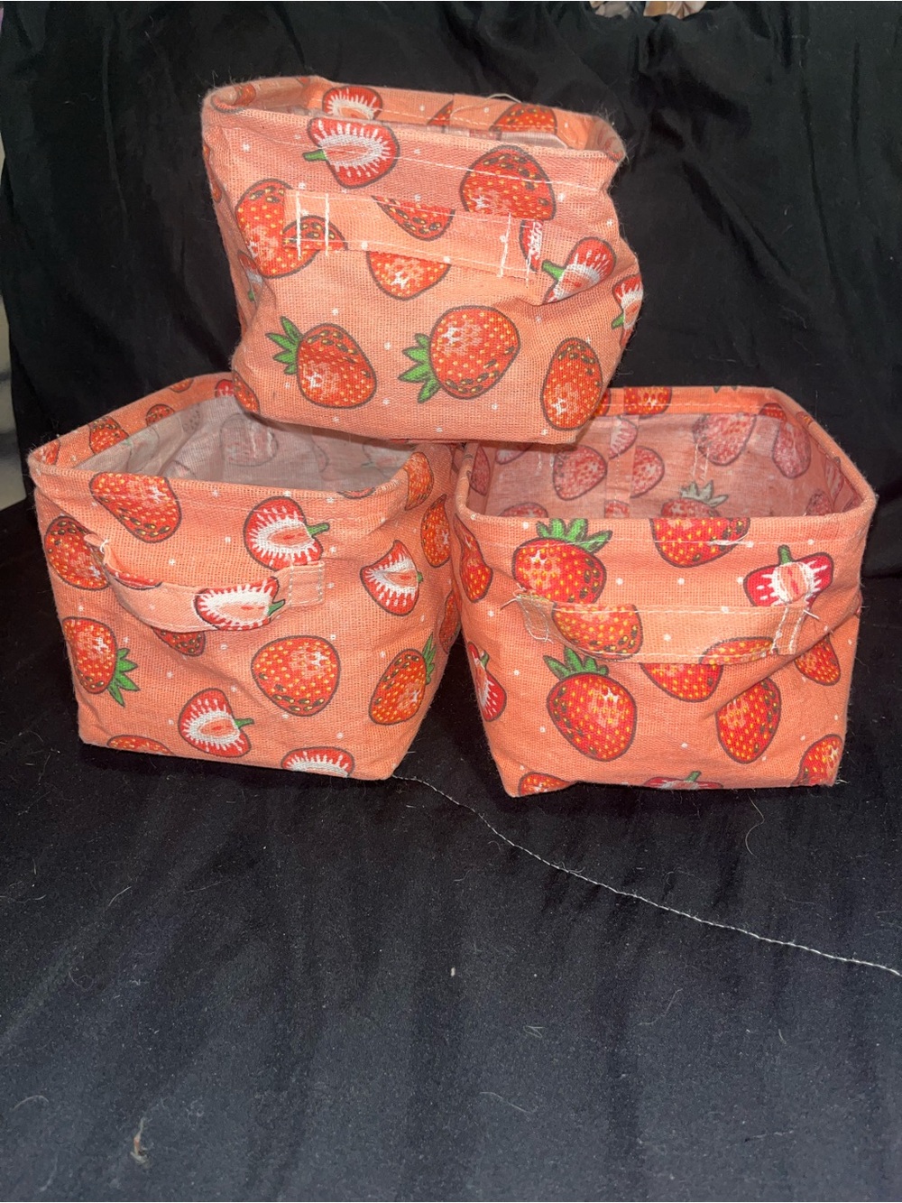 SHEIN Strawberry Print Fabric Storage Bins - Coral Pink Set of 3
